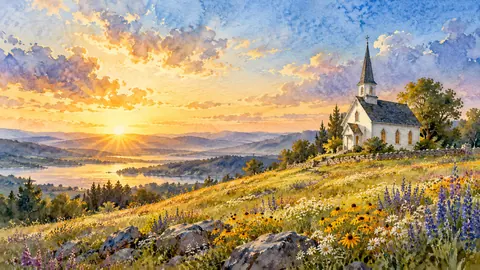 White country church on a hill of wildflowers – loose watercolor Frame TV art