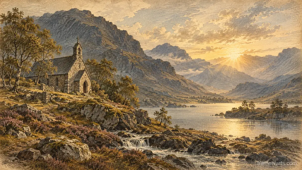 Stone chapel in a Scottish glen – vintage plate engraving Samsung Frame TV art, 4K
