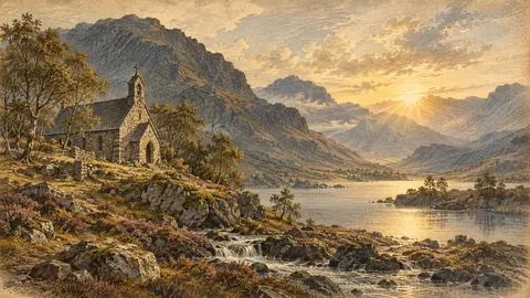 Stone chapel in a Scottish glen – vintage plate engraving Frame TV art