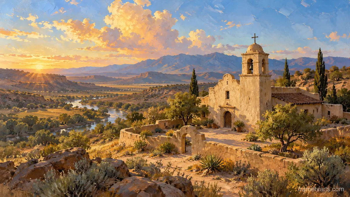 Small adobe mission church with a bell tower – classic western oil painting Samsung Frame TV art, 4K