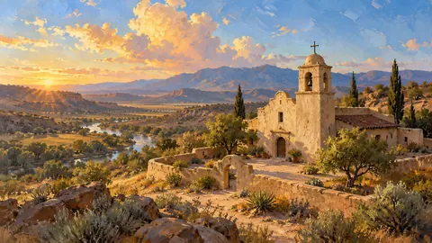 Small adobe mission church with a bell tower – classic western oil painting Frame TV art
