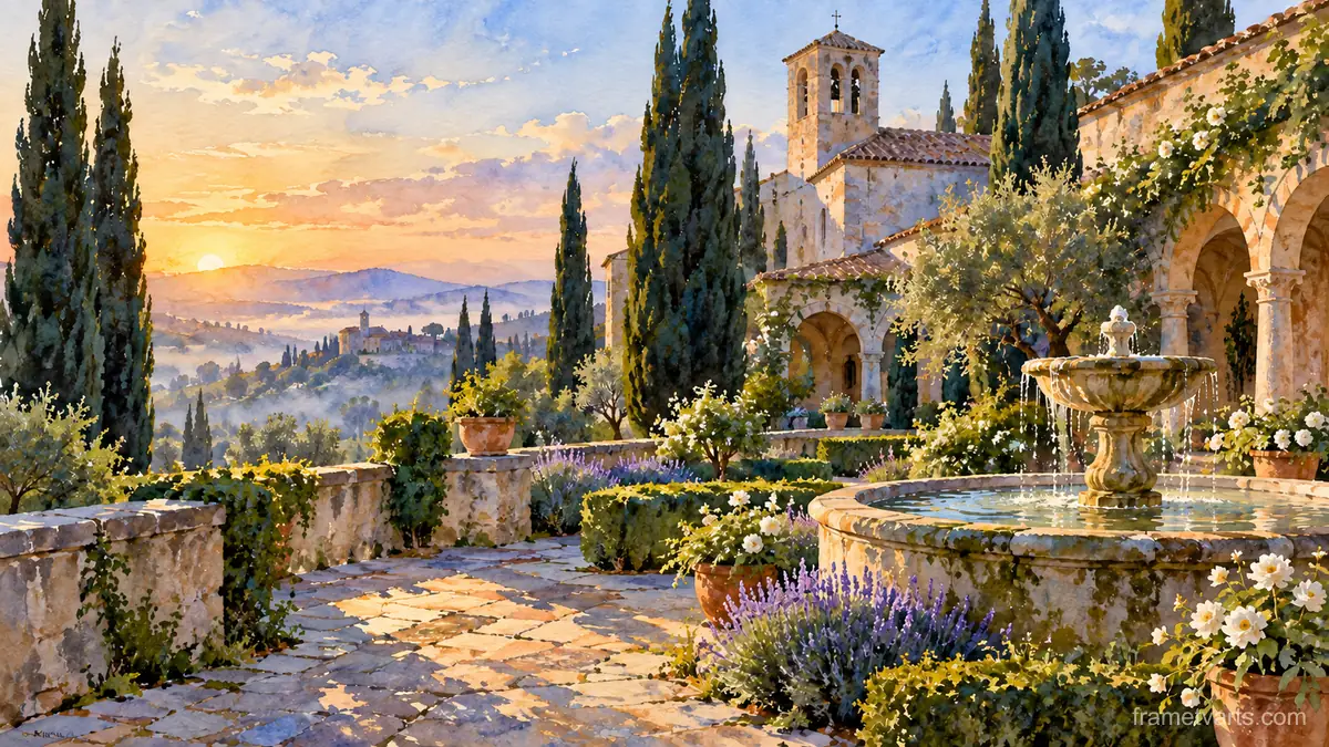 Monastery garden with a fountain and cypress trees – elegant watercolor Samsung Frame TV art, 4K