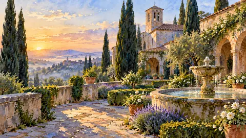Monastery garden with a fountain and cypress trees – elegant watercolor Frame TV art