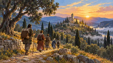 Pilgrims walking toward a hilltop church – storybook gouache Frame TV art