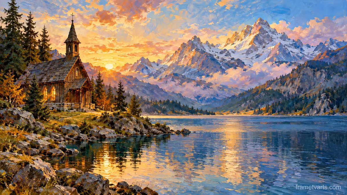 Wooden chapel by a mountain lake – impressionist oil painting Samsung Frame TV art, 4K