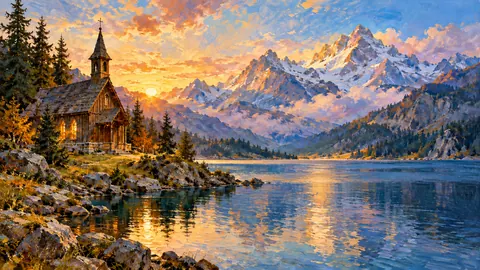 Wooden chapel by a mountain lake – impressionist oil painting Frame TV art