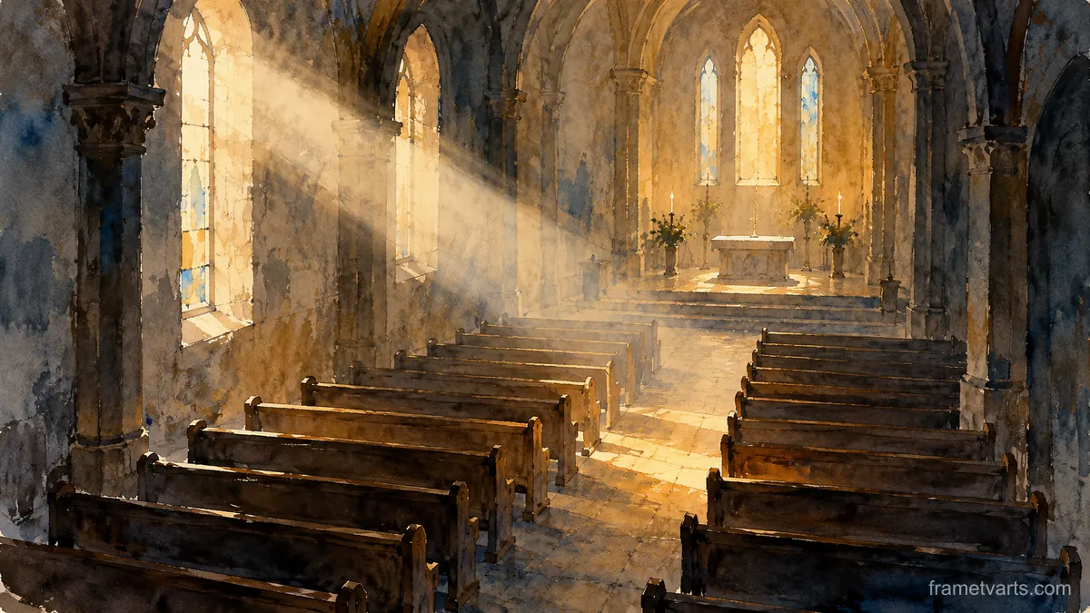 Empty pews and a single shaft of morning light – minimal ink and wash Samsung Frame TV art, 4K