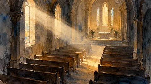 Empty pews and a single shaft of morning light – minimal ink and wash Frame TV art