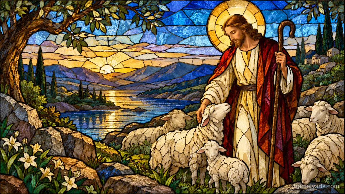 Stained glass window of a shepherd and sheep – luminous stained glass design Samsung Frame TV art, 4K