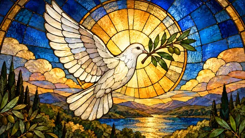 Stained glass window of a dove and olive branch – luminous stained glass design Frame TV art