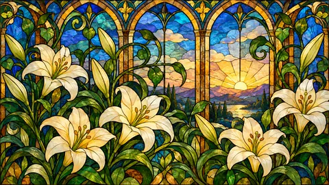 Stained glass window of lilies and vines – luminous stained glass design Frame TV art