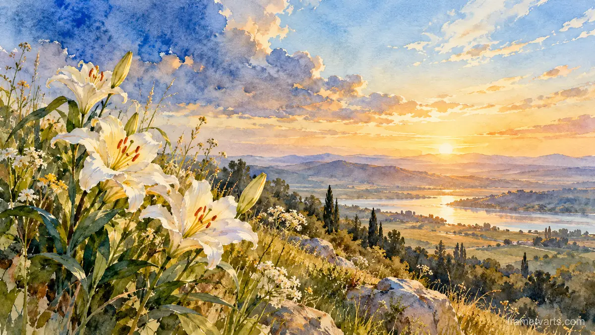 Lilies of the field beneath a wide sky – botanical watercolor Samsung Frame TV art, 4K