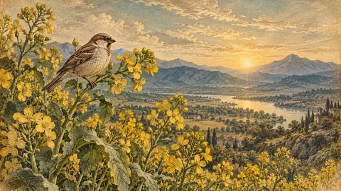Mustard plant in bloom with a sparrow – vintage plate engraving Frame TV art