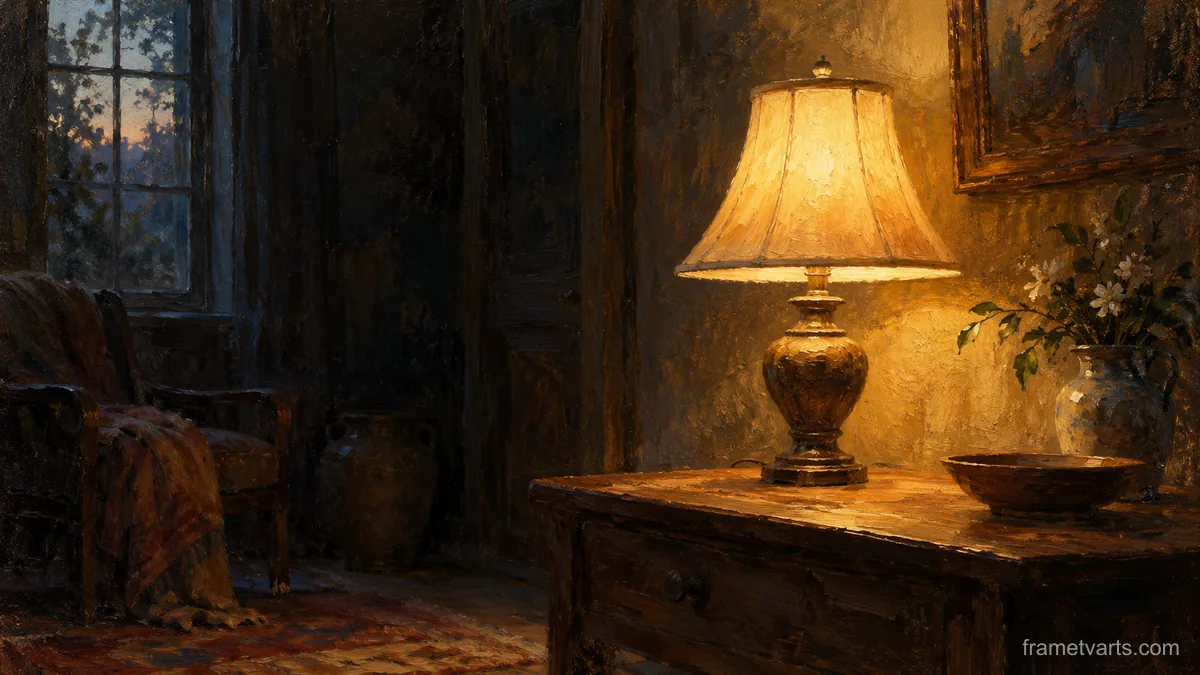 Lamp shining on a lampstand in a dark room – tonal oil painting Samsung Frame TV art, 4K