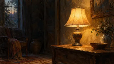Lamp shining on a lampstand in a dark room – tonal oil painting Frame TV art