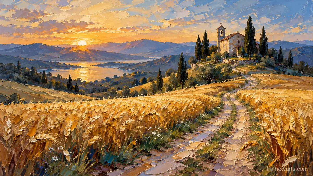 Path through wheat fields to a distant chapel – expressive palette-knife painting Samsung Frame TV art, 4K