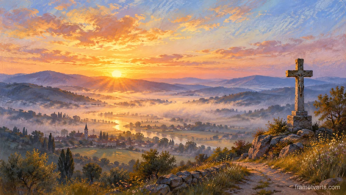 Sunrise over a misty valley with a roadside cross – soft pastel drawing Samsung Frame TV art, 4K