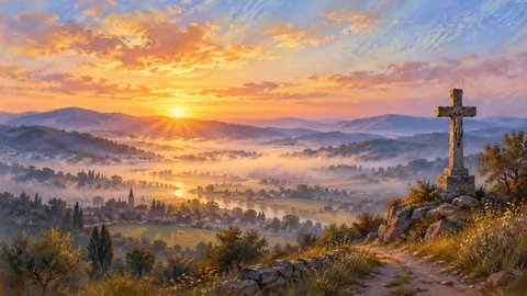 Sunrise over a misty valley with a roadside cross – soft pastel drawing Frame TV art