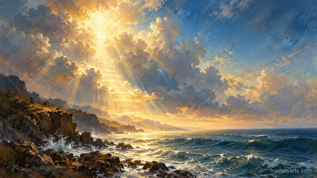 Jacob's ladder of light through clouds over the sea – atmospheric oil painting Samsung Frame TV art, 4K