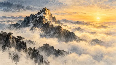 Mountain peak above the clouds at first light – zen sumi-e ink wash Frame TV art