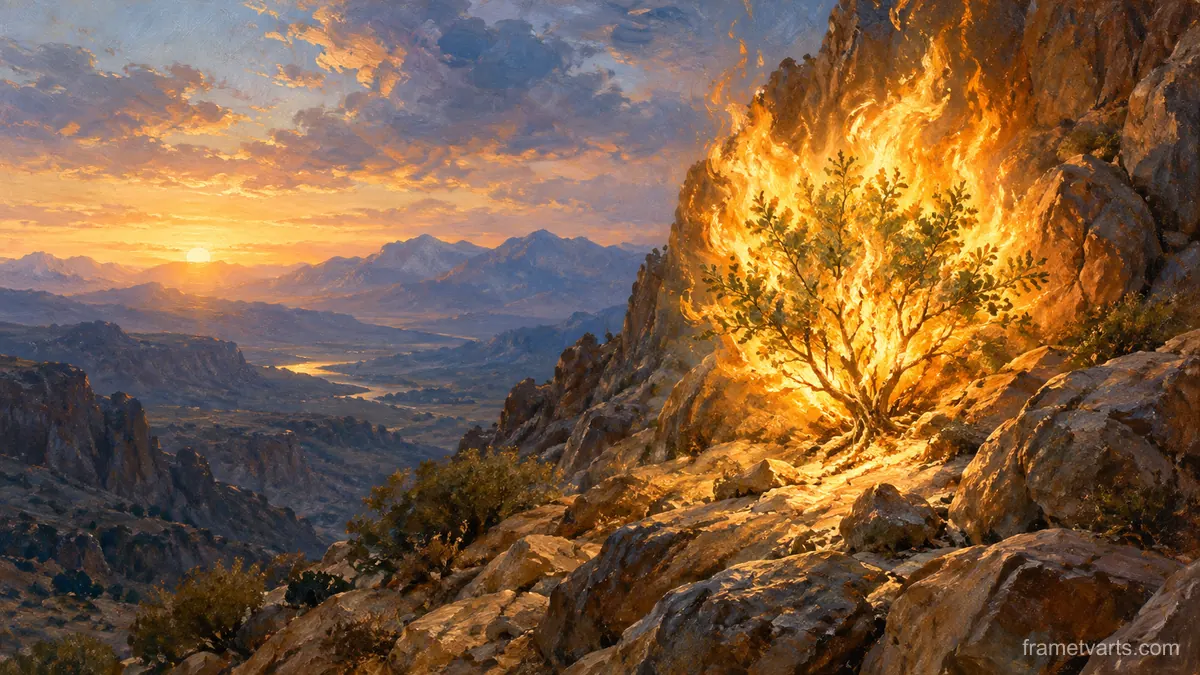 Burning bush glowing on a rocky mountainside – atmospheric oil painting Samsung Frame TV art, 4K