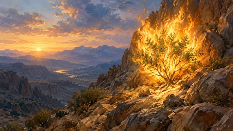 Burning bush glowing on a rocky mountainside – atmospheric oil painting Frame TV art