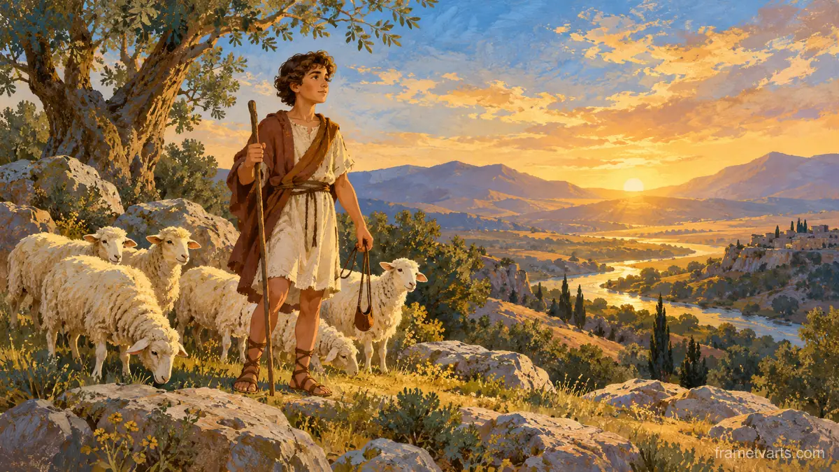 David the shepherd boy with a sling and his sheep – storybook gouache Samsung Frame TV art, 4K