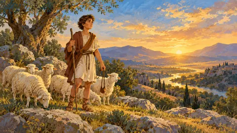 David the shepherd boy with a sling and his sheep – storybook gouache Frame TV art