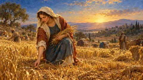Ruth gathering grain in a golden field – classical devotional oil painting Frame TV art