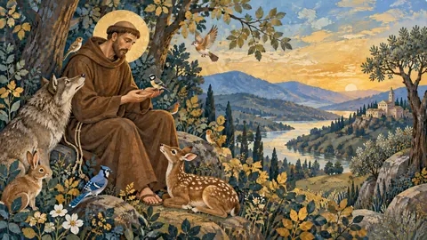 Saint Francis among birds and a wolf in the woods – decorative folk gouache Frame TV art