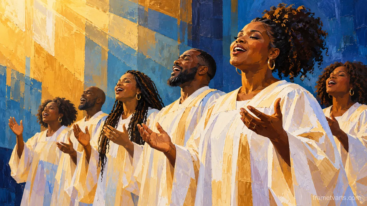 Gospel choir singing in white robes – modern color-block figurative painting Samsung Frame TV art, 4K
