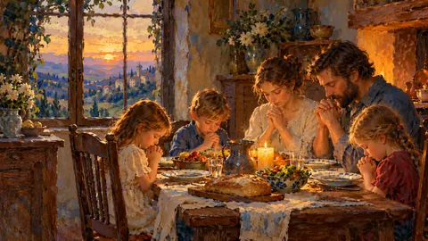 Family praying together around a dinner table – impressionist oil painting Frame TV art