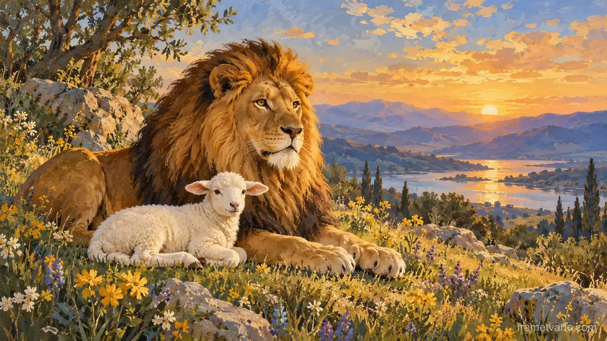 Lion and lamb resting together in a peaceful field – naturalist gouache Samsung Frame TV art, 4K