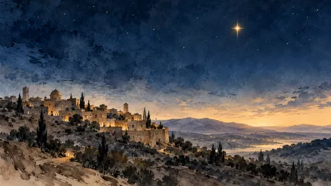 Starry sky over the hills of an ancient town – minimal ink and wash Frame TV art