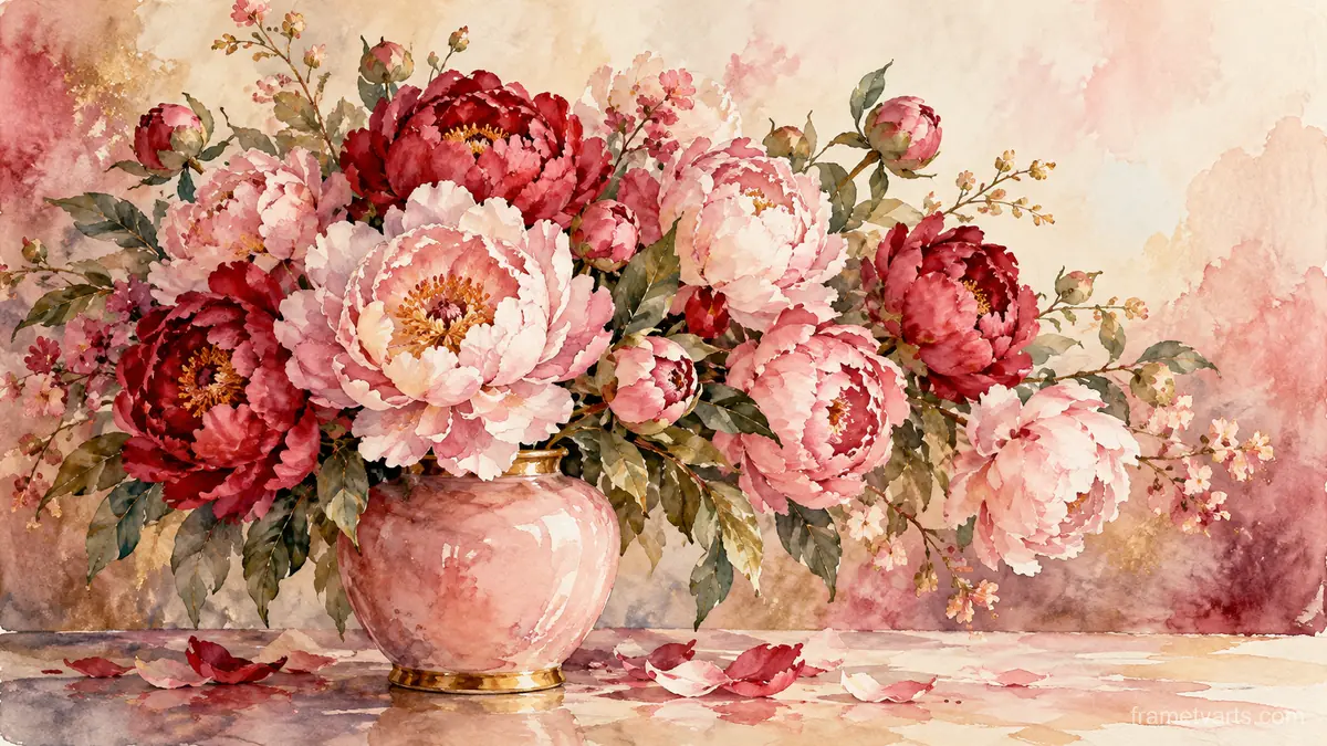 Valentine peony bouquet in a pink porcelain vase – botanical watercolor Samsung Frame TV art, 4K