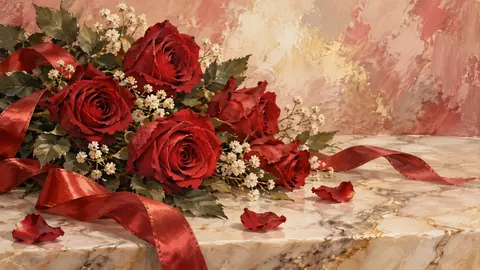 Valentine red roses and a silk ribbon on marble – tonal oil painting Frame TV art