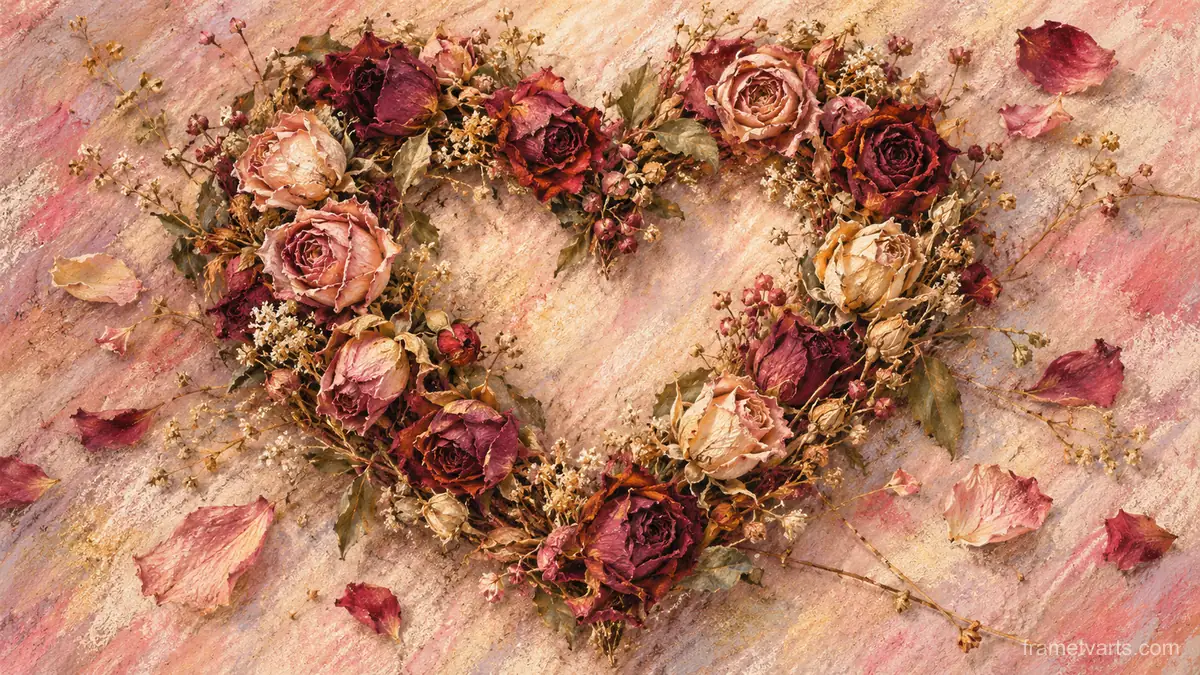 Valentine heart-shaped wreath of dried roses – soft pastel drawing Samsung Frame TV art, 4K
