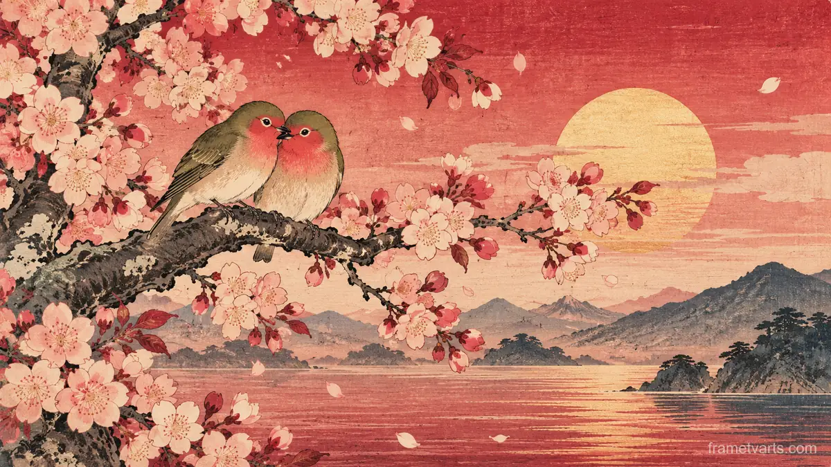 Valentine lovebirds on a blossoming branch – japanese-inspired woodblock print Samsung Frame TV art, 4K