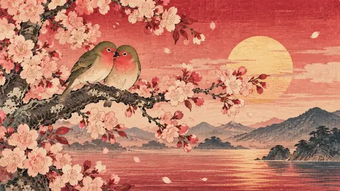 Valentine lovebirds on a blossoming branch – japanese-inspired woodblock print Frame TV art