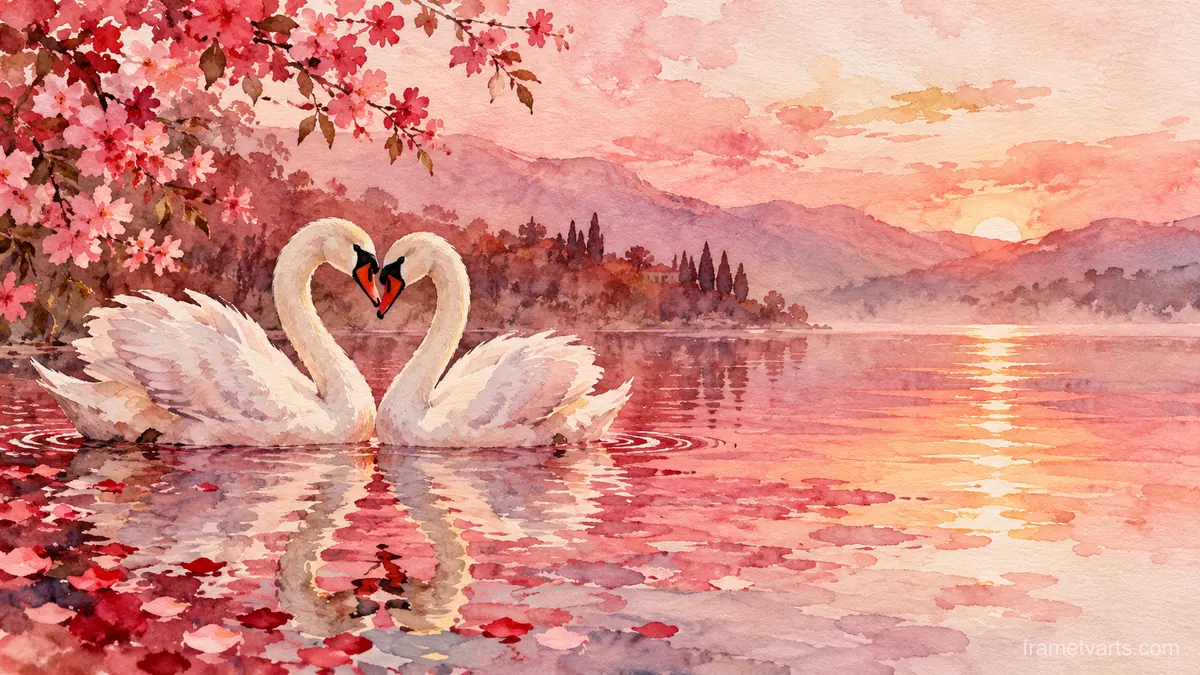 Valentine pair of swans forming a heart on a lake – elegant watercolor Samsung Frame TV art, 4K
