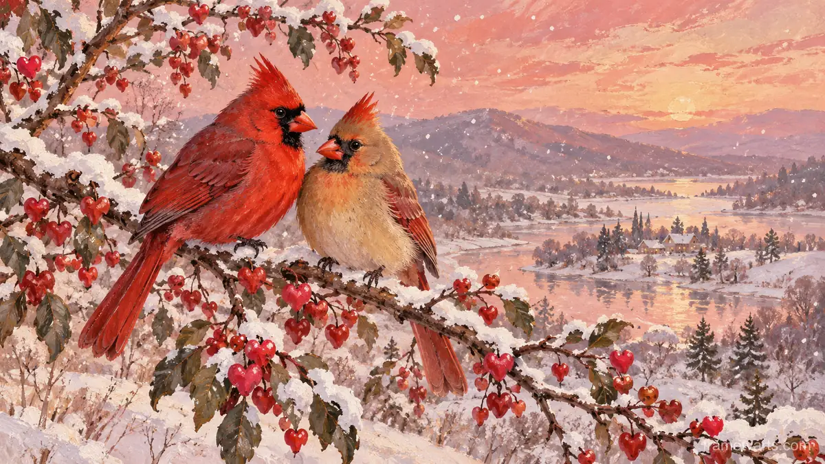 Valentine cardinals sharing a branch in light snow – naturalist gouache Samsung Frame TV art, 4K