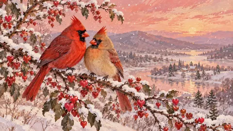 Valentine cardinals sharing a branch in light snow – naturalist gouache Frame TV art