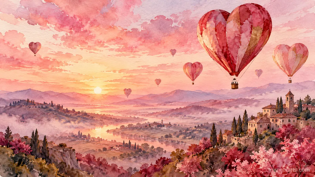 Valentine hot air balloons over a pink dawn valley – loose watercolor Samsung Frame TV art, 4K