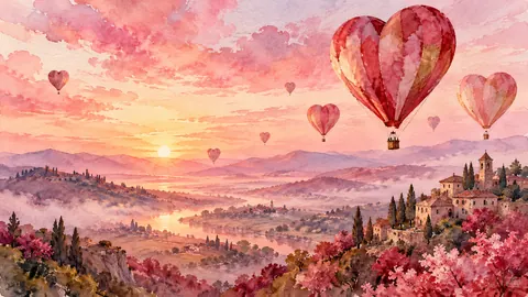Valentine hot air balloons over a pink dawn valley – loose watercolor Frame TV art