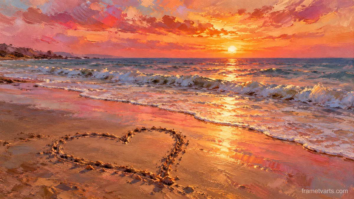 Valentine heart drawn in wet sand at sunset – impressionist oil painting Samsung Frame TV art, 4K