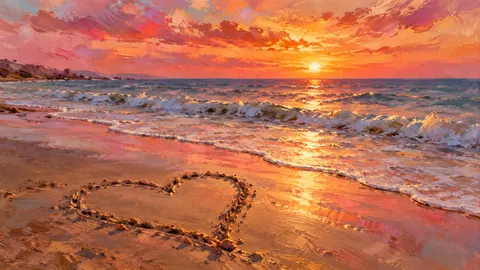 Valentine heart drawn in wet sand at sunset – impressionist oil painting Frame TV art