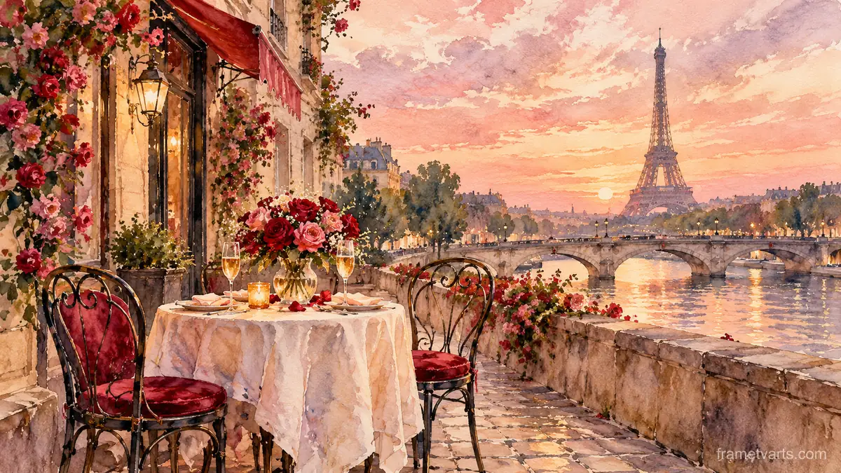 Valentine café table for two on a Paris street – elegant watercolor Samsung Frame TV art, 4K