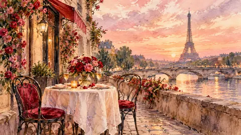 Valentine café table for two on a Paris street – elegant watercolor Frame TV art