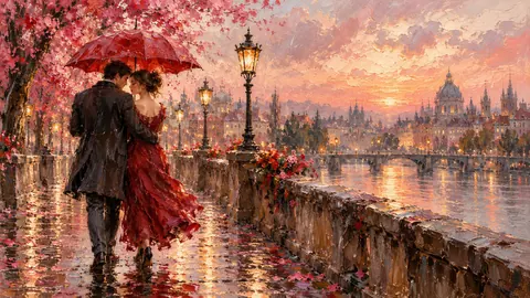 Valentine couple under an umbrella on a rainy bridge – impressionist oil painting Frame TV art