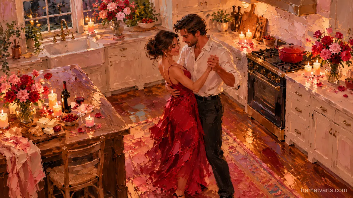 Valentine couple dancing in a candlelit kitchen – expressive palette-knife painting Samsung Frame TV art, 4K